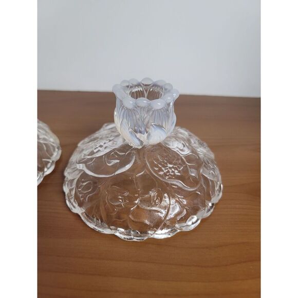 Tiara OPALESCENT WATER LILY PATTERN CANDLESTICK HOLDER PAIR - Picture 10 of 10